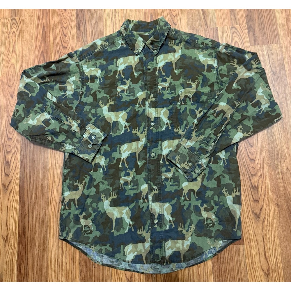 Woolrich Shirt Mens Medium Camo Deer Print Button Down Hunting Outdoor